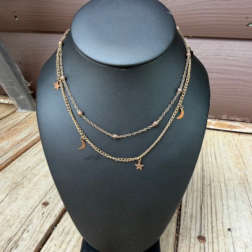 Whimsigoth Moon Star Layered Necklace Bronze Tone Celestial Dainty